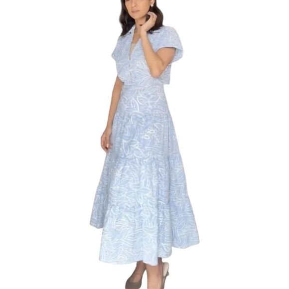 ZARA‎ Dress WMNS M Blue Embroidered Eyelet Midi  Shirt Cutwork V-Neck 7946/528 - Picture 10 of 16